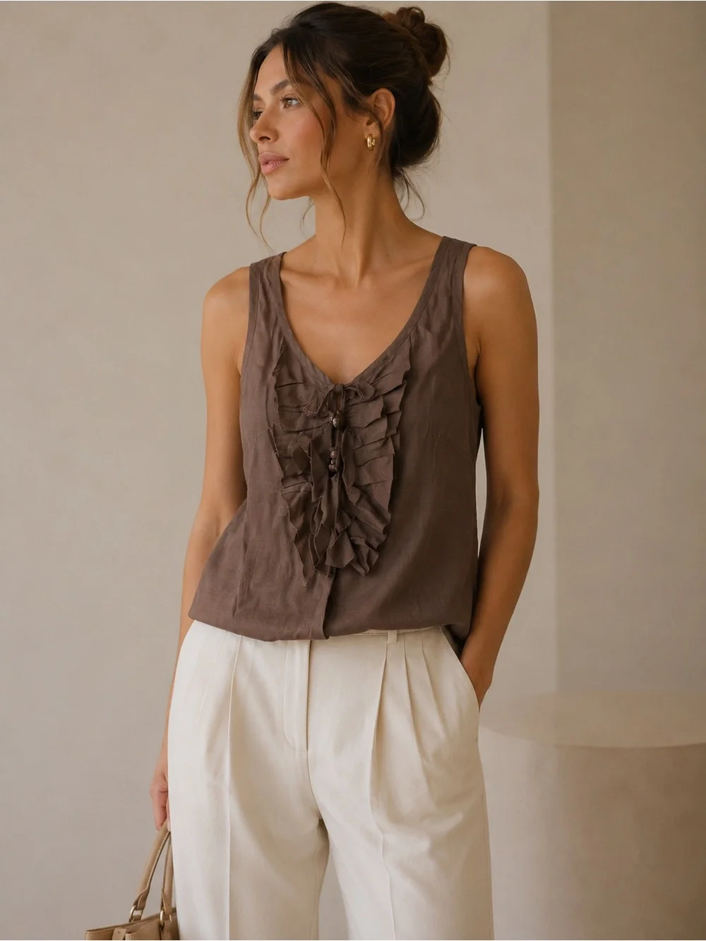 J. Crew Brown Silk Blend Ruffle-Front Sleeveless Boho Tank Top Size 4